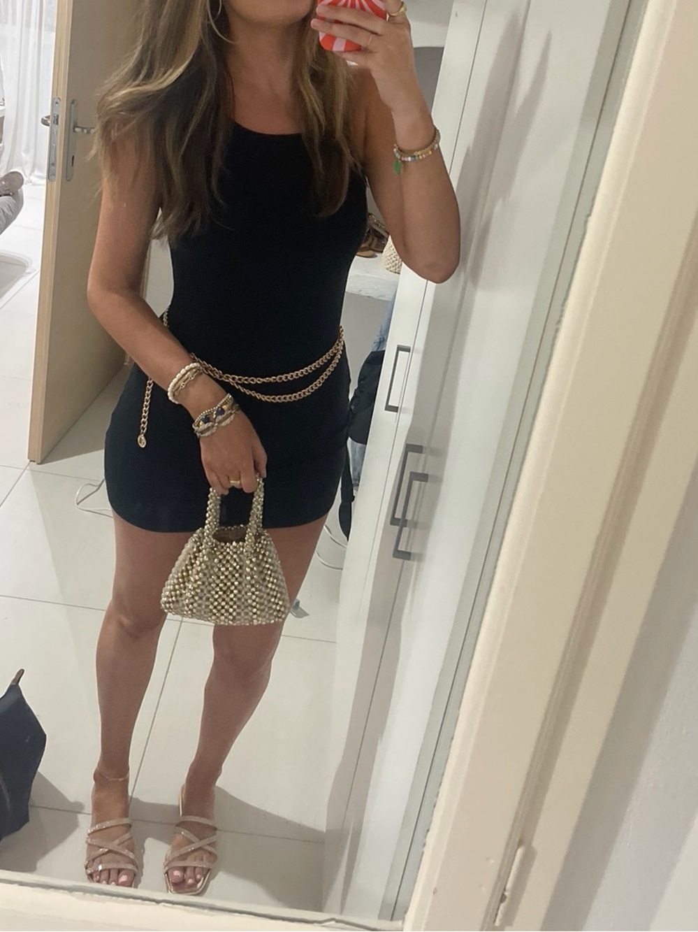 Princess Polly Black Tank Mini Dress with Gold Chain Belt